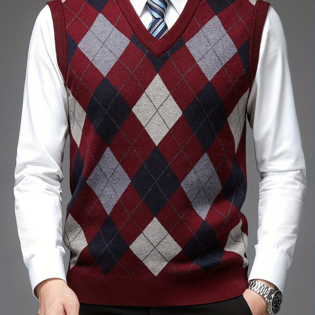 Heren pullover | Argyle gebreide trui zonder mouwen v-hals