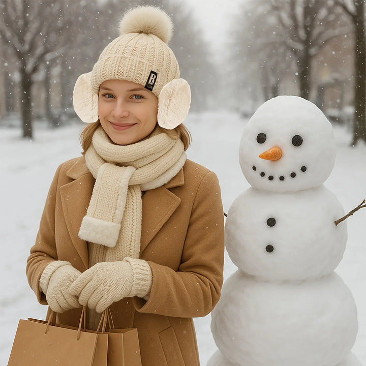 Winter accessoires dames | Gebreide muts met pompon, handschoenen, nekwarmer en oorwarmers set
