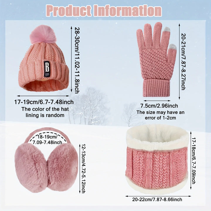 Winter accessoires dames | Gebreide muts met pompon, handschoenen, nekwarmer en oorwarmers set