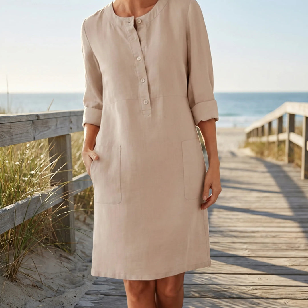 Jurken dames | Linnen tuniek jurk met henley hals en 3/4 mouw