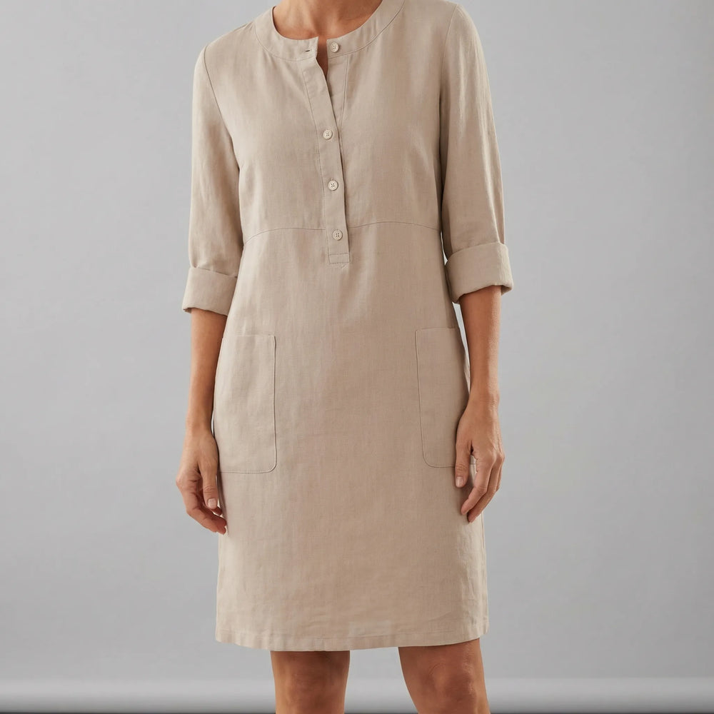 Jurken dames | Linnen tuniek jurk met henley hals en 3/4 mouw