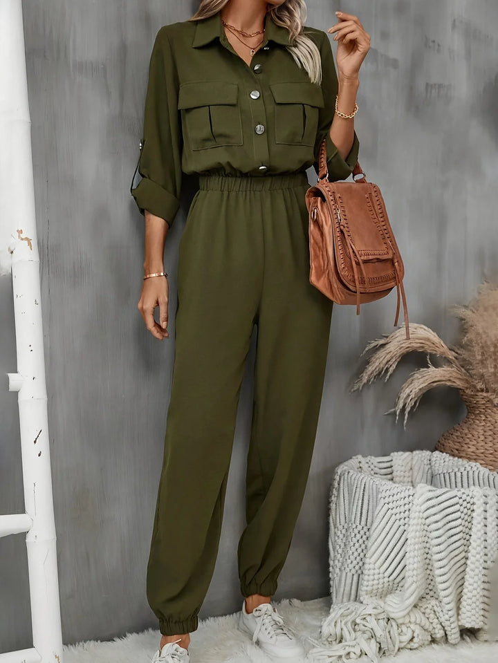 Dames jumpsuit | Olijfgroen broekpak met borstzakken en elastische taille