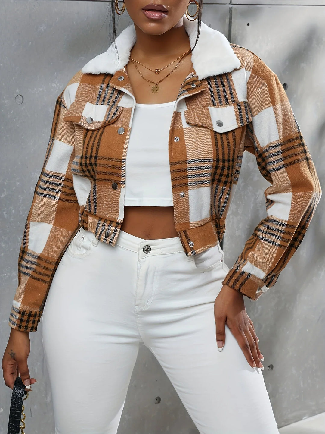 Dames bomberjack | Cropped ruit jas met kraag en knopen