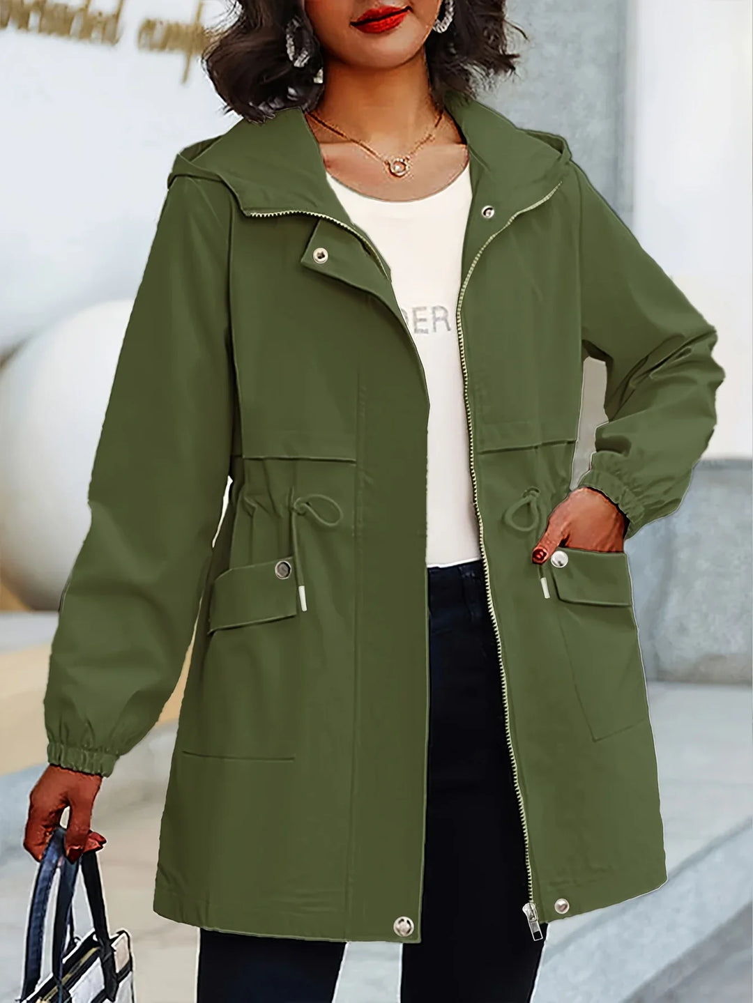 Dames trenchcoat | Beige windbreaker met capuchon en taillekoord