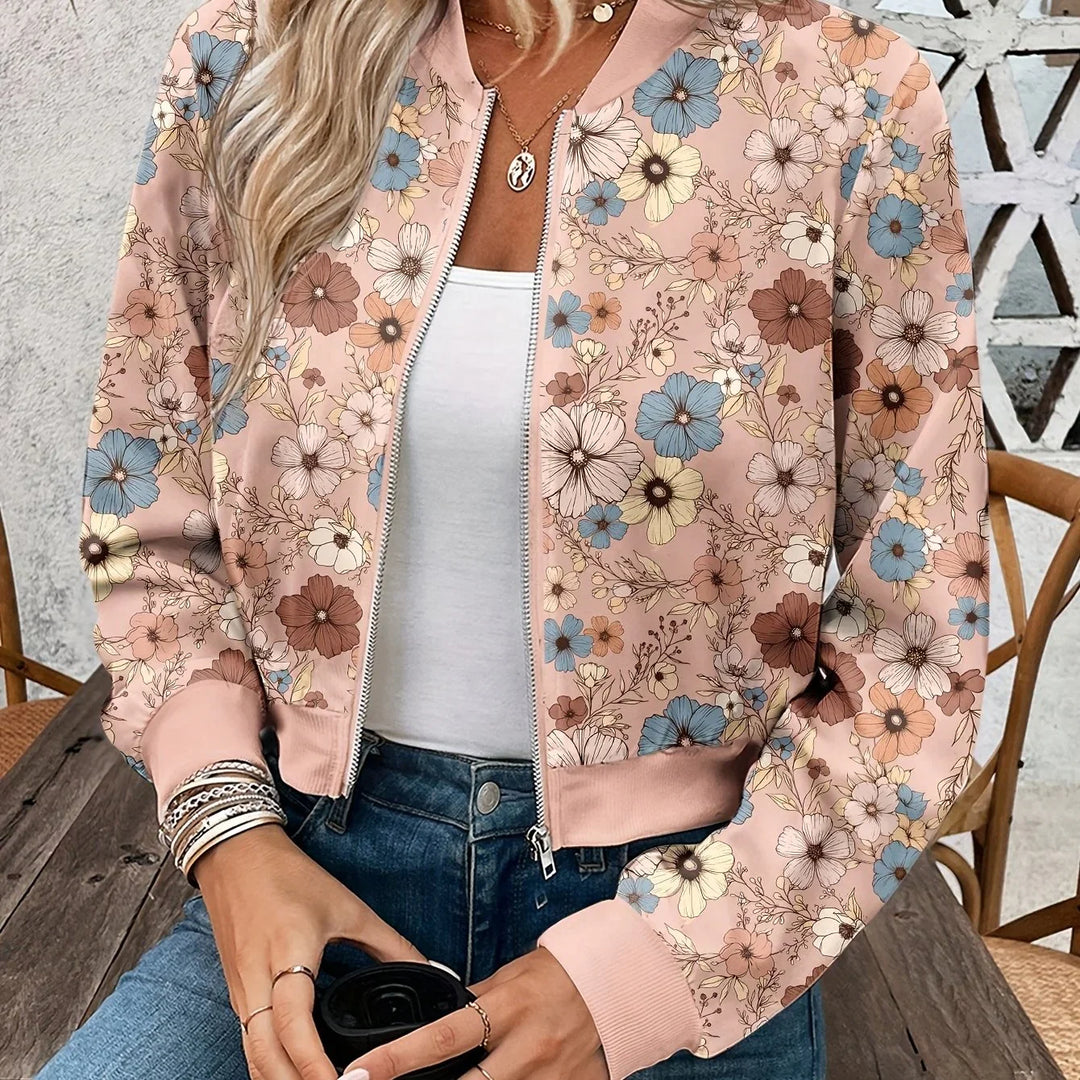 Dames bomberjack | Roze bloemen jas met rits en lange mouw