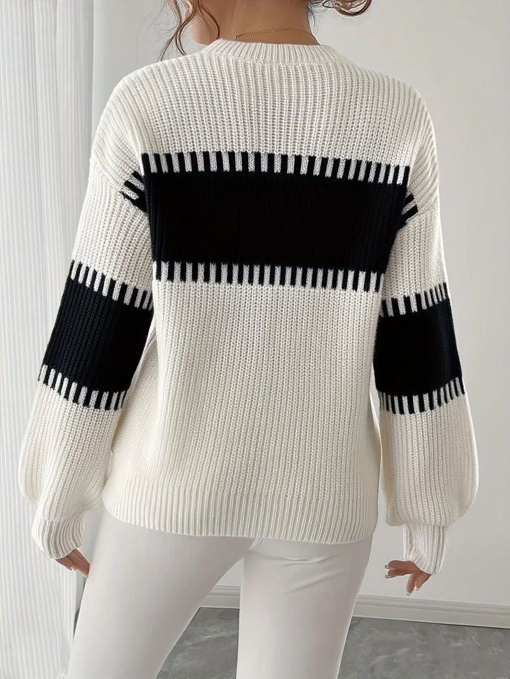 Dames trui | Gebreide sweater met strepen en ronde hals
