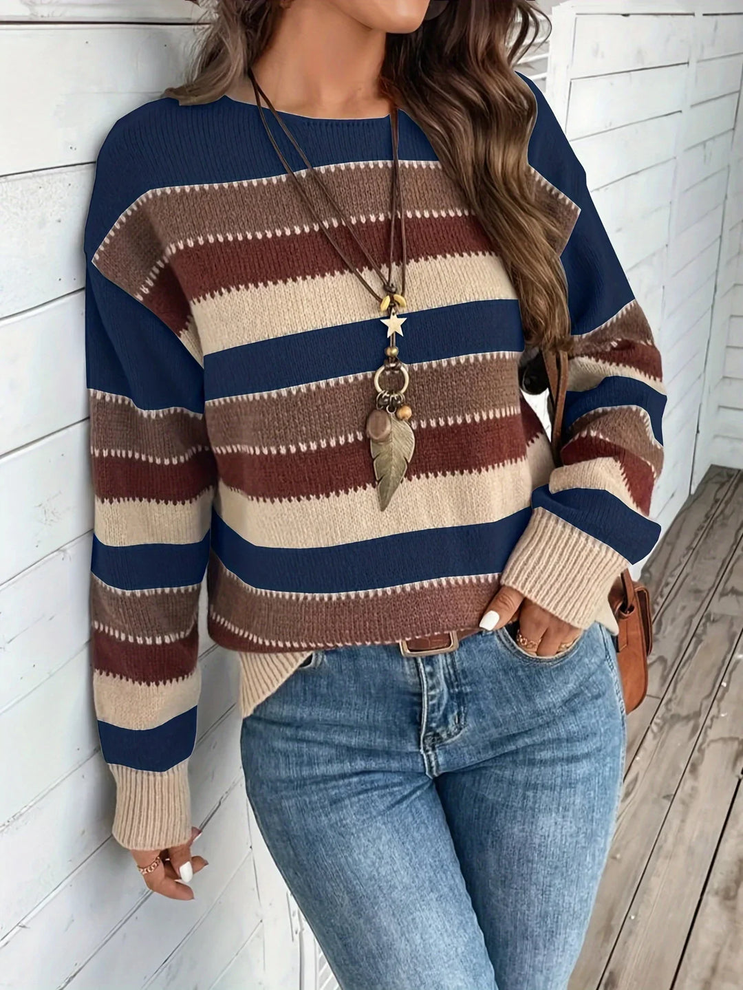 Dames trui | Gestreepte sweater met ronde hals in herfstkleuren