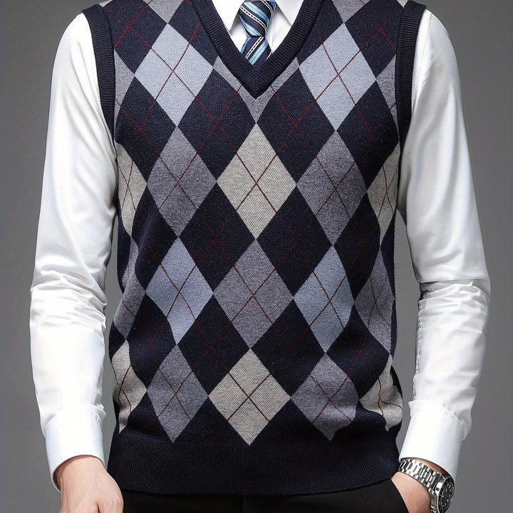 Heren pullover | Argyle gebreide trui zonder mouwen v-hals