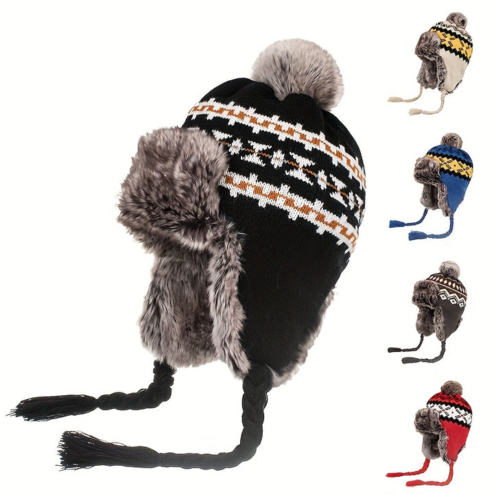 Noorse gebreide wintermuts | Met oorflap, pompon en warme fleece voering