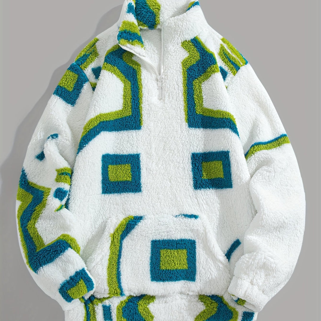 Damian | Heren fleece vest wit met geometrisch patroon | Halve rits