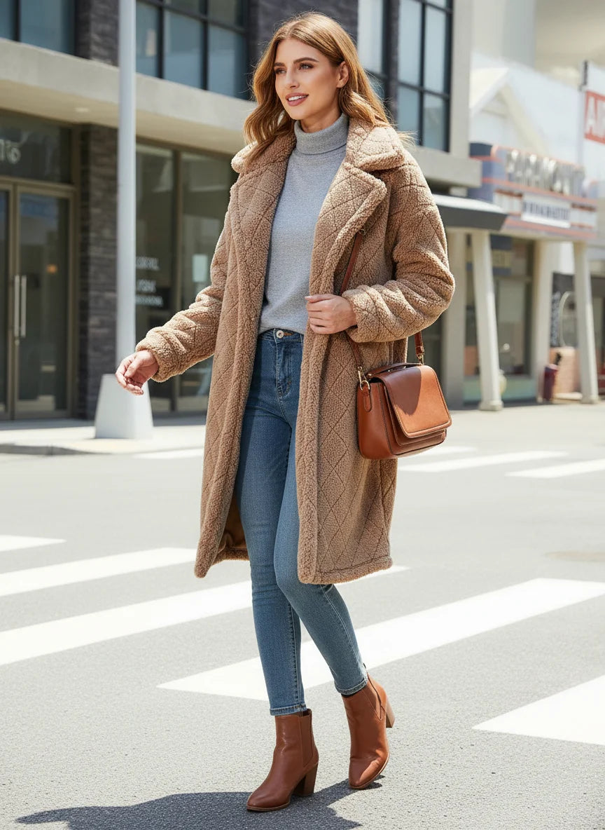 Lange Teddy Jas Dames – Zachte Fleece, Grote Kraag, Doorgestikt – Winterjas
