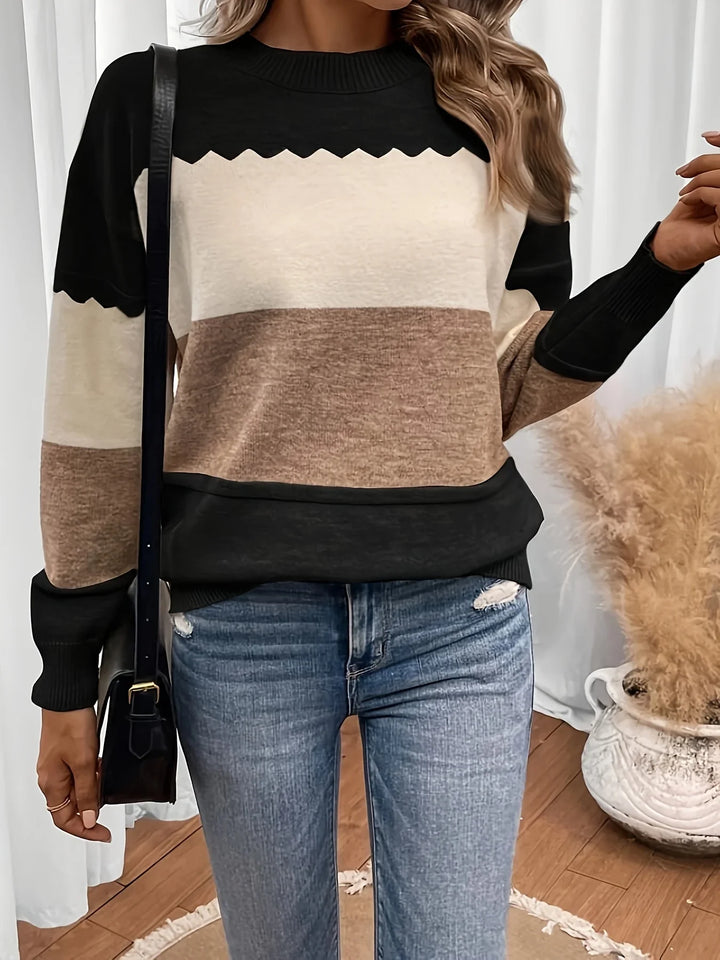 Dames trui | Beige colorblock sweater met ronde hals