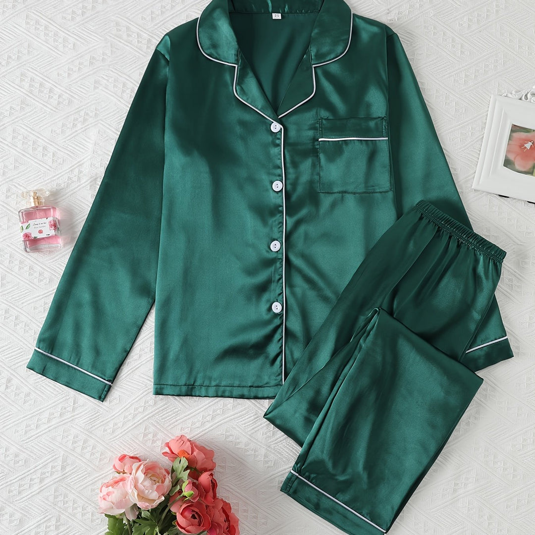 Dames pyjama set met satijnlook | Lange mouwen & knoopsluiting