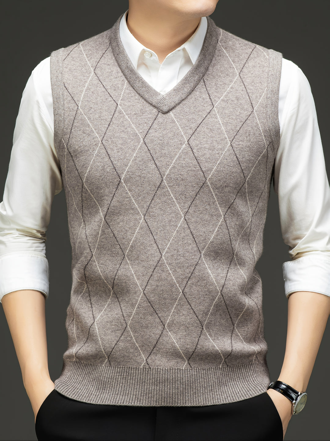 Heren pullover | Gebreide V-hals pullover met diamantpatroon