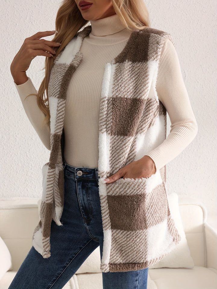Geruit fleece vest met knopen en zakken