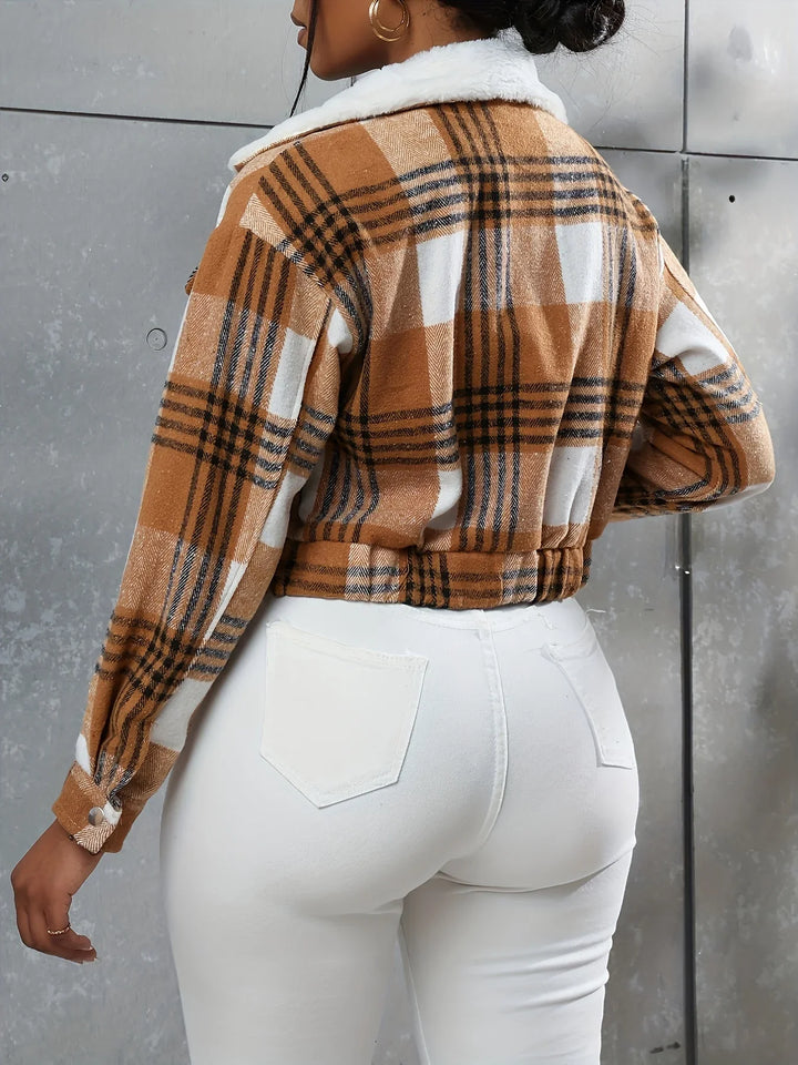 Dames bomberjack | Cropped ruit jas met kraag en knopen