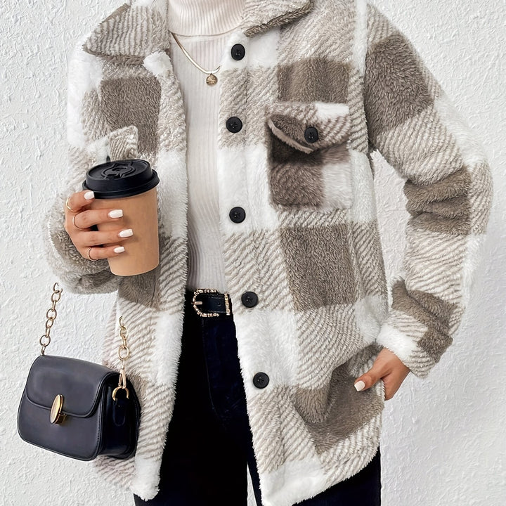 Dames geruite teddy jas | Warme tussenjas met knoopsluiting en borstzakken