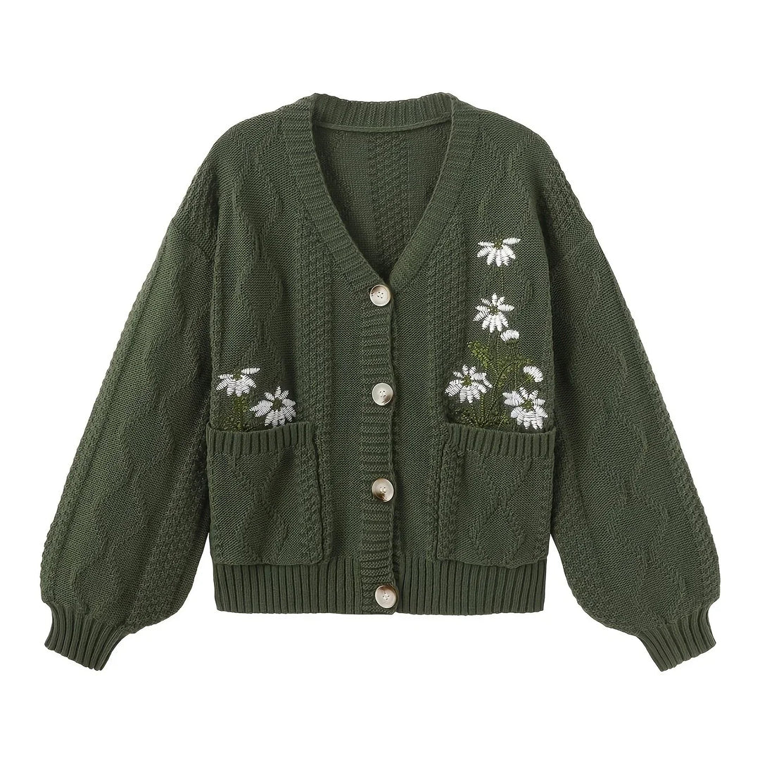 Dames vest | Gebreide trui met bloemenborduursel en knopen