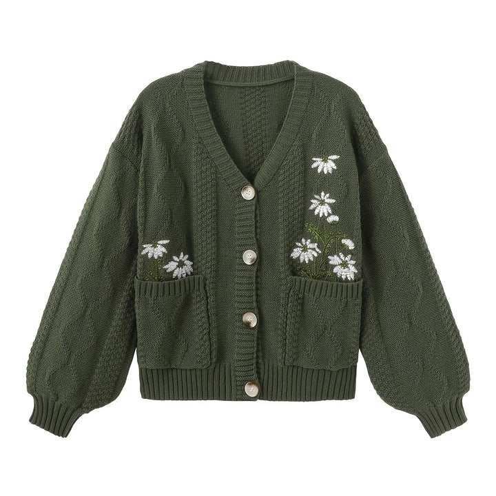 Dames vest | Gebreide trui met bloemenborduursel en knopen