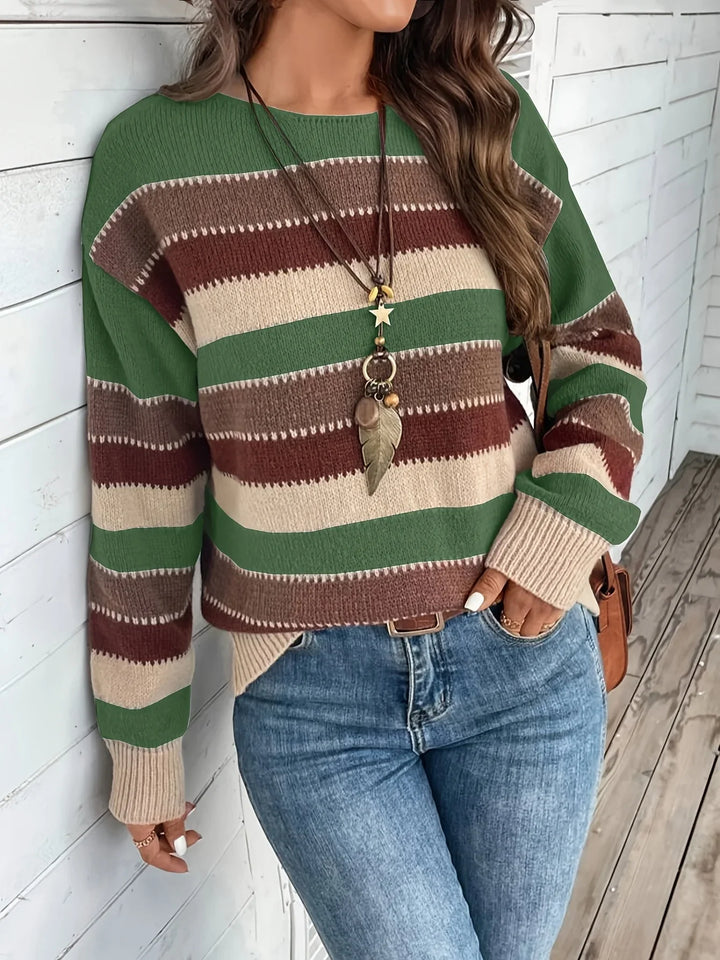 Dames trui | Gestreepte sweater met ronde hals in herfstkleuren