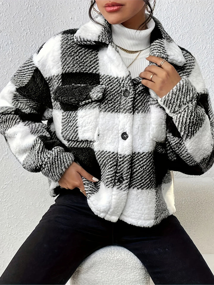 Dames teddy jas | Zwart wit ruitprint tussenjas met knopen