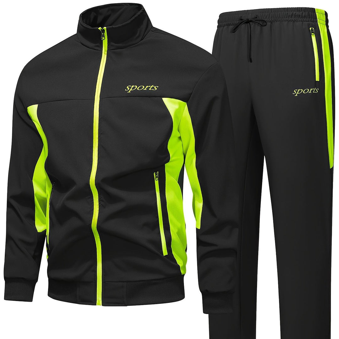Heren trainingspak | Zwart sportpak met neon rits en broek