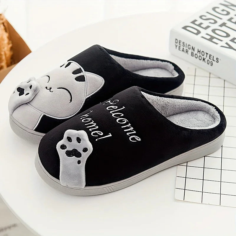 Warme pantoffels met kattenprint | Dames en heren sloffen met antislip zool
