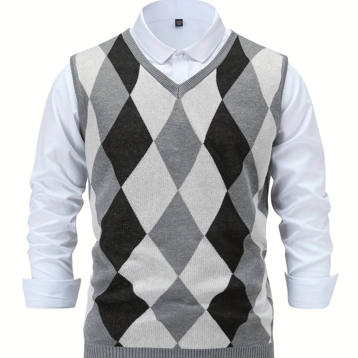 Heren pullover | Gebreide v-hals trui zonder mouwen met ruitpatroon