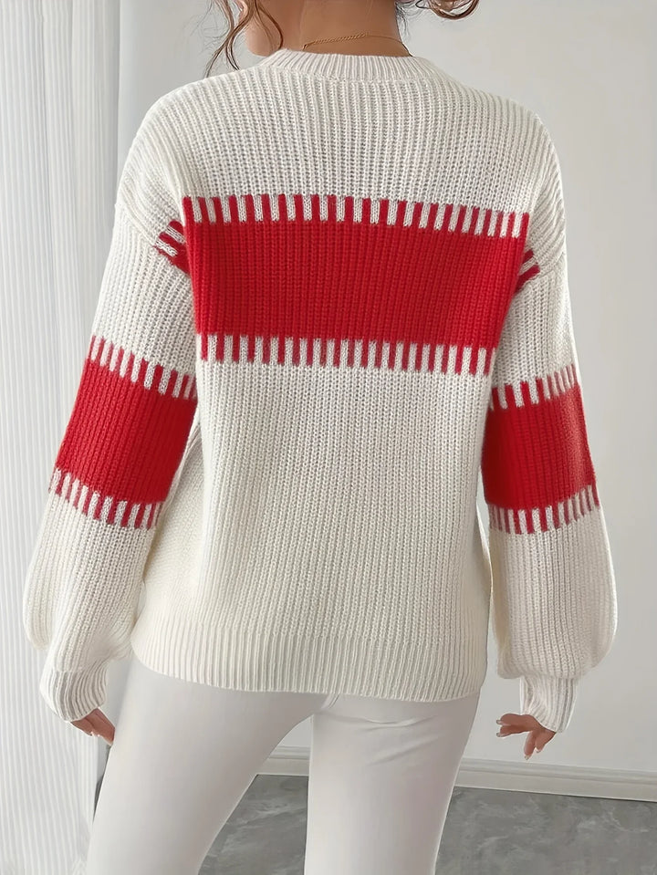 Dames trui | Gebreide sweater met strepen en ronde hals