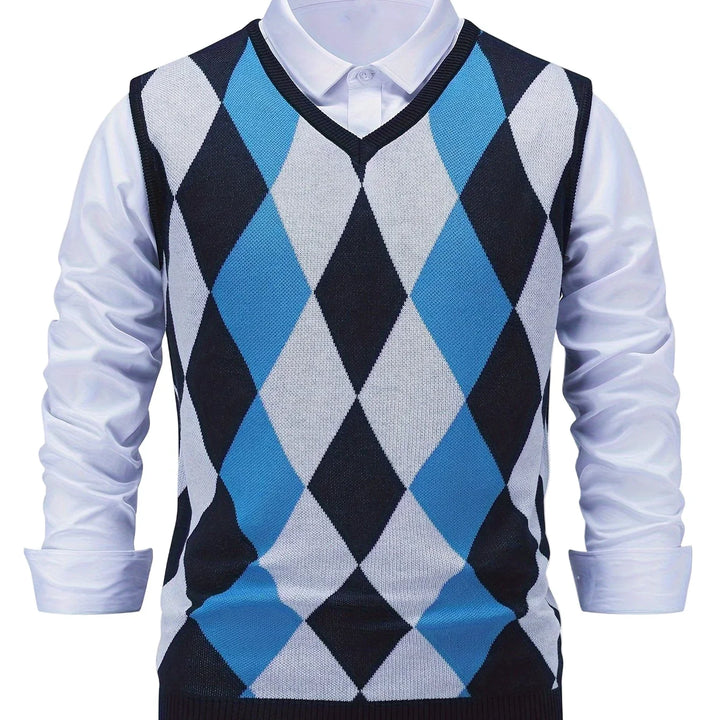 Heren pullover | Gebreide v-hals trui zonder mouwen met ruitpatroon