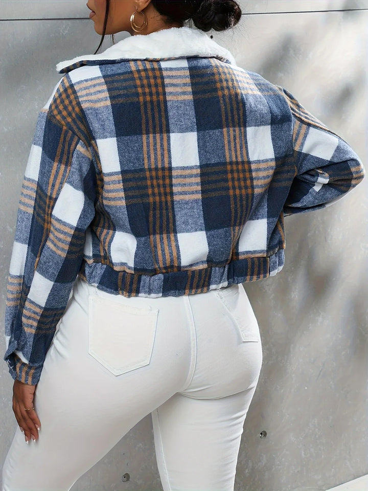 Dames bomberjack | Cropped ruit jas met kraag en knopen