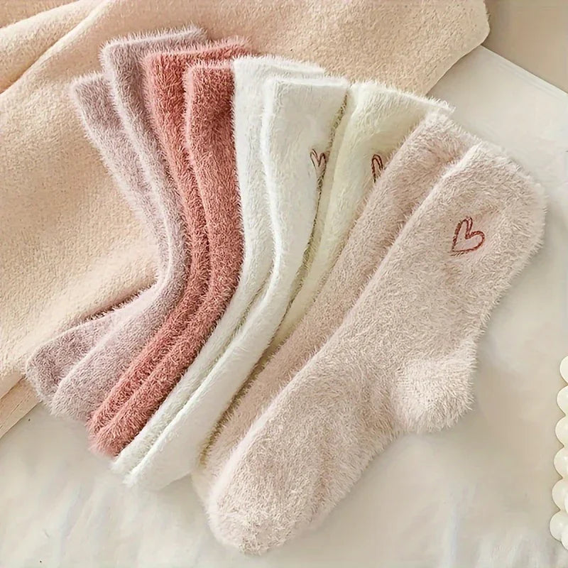 Warme dames sokken | Fluffy sokken met hartjes, 5-pack