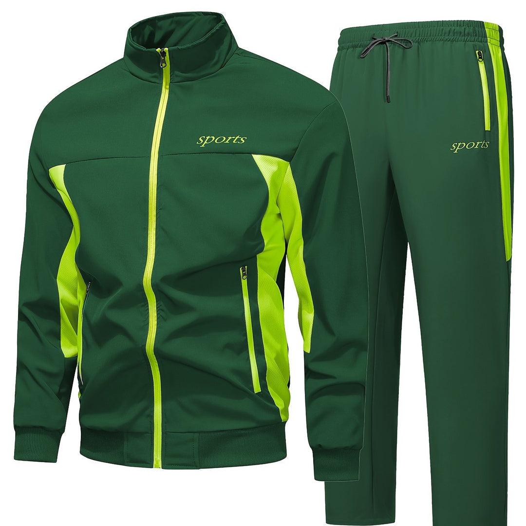 Heren trainingspak | Zwart sportpak met neon rits en broek