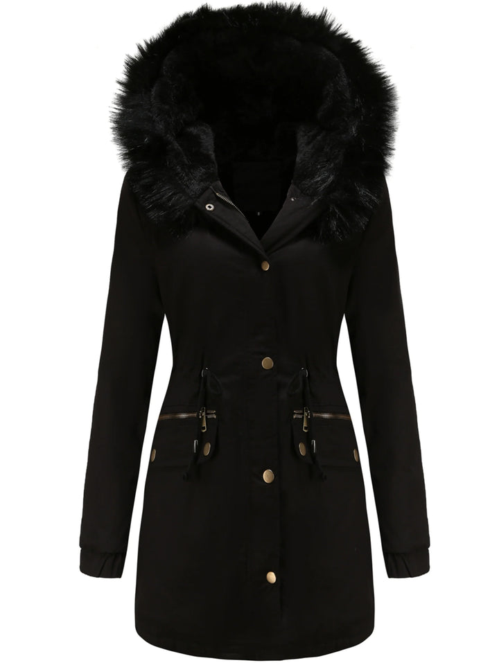 Dames parka jas | Lange winterjas met bontkraag en taillekoord