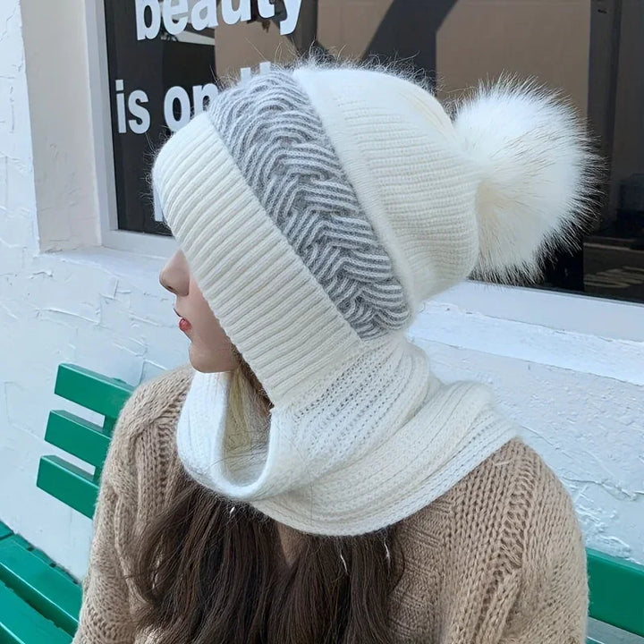 Wintermuts dames | Gebreide muts met geïntegreerde sjaal tegen kou