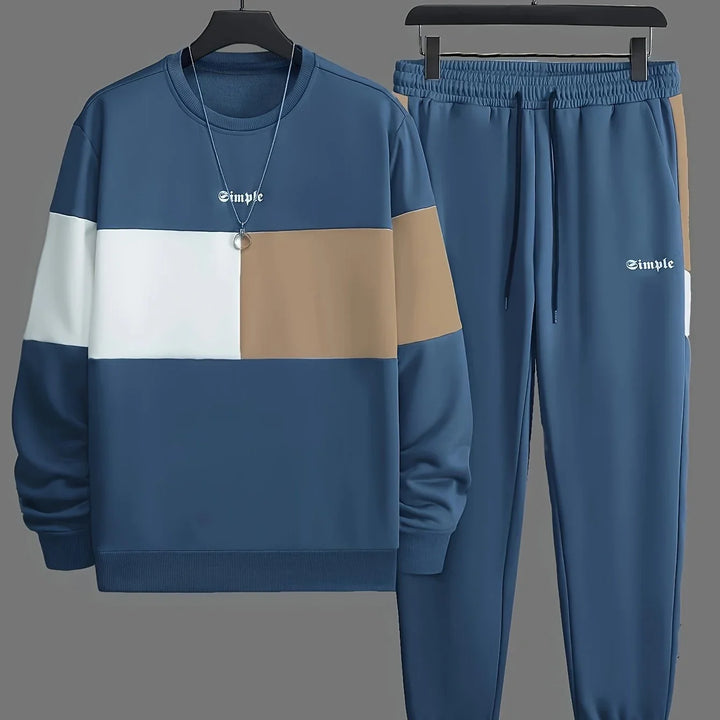 Heren trainingspak | Beige colorblock sweater met joggingbroek