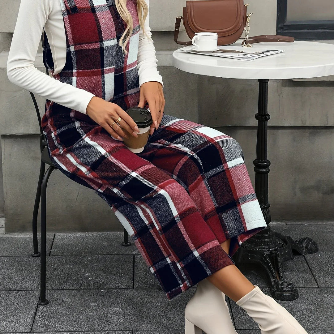Dames jumpsuit | Ruit broekpak met square neck en wijde pijpen
