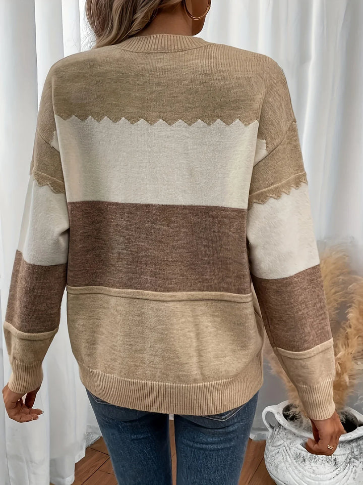 Dames trui | Beige colorblock sweater met ronde hals
