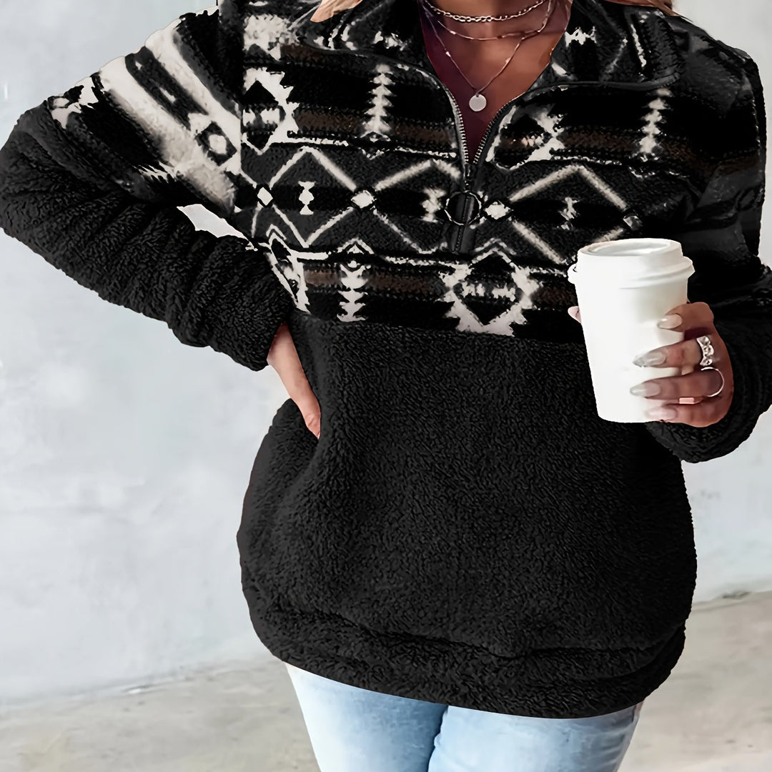 Dames sweater | Teddy fleece trui met halve rits en aztec print