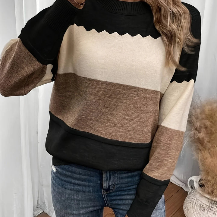 Dames trui | Beige colorblock sweater met ronde hals