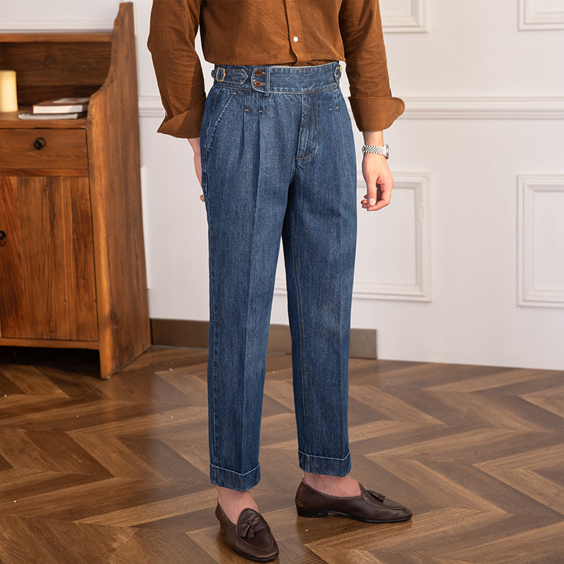 Vintage Denim Broek | Heren geplooide straight fit jeans