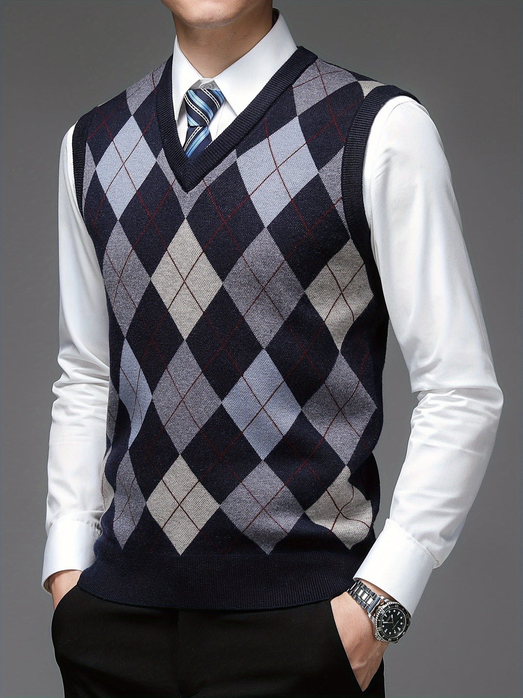Heren pullover | Argyle gebreide trui zonder mouwen v-hals
