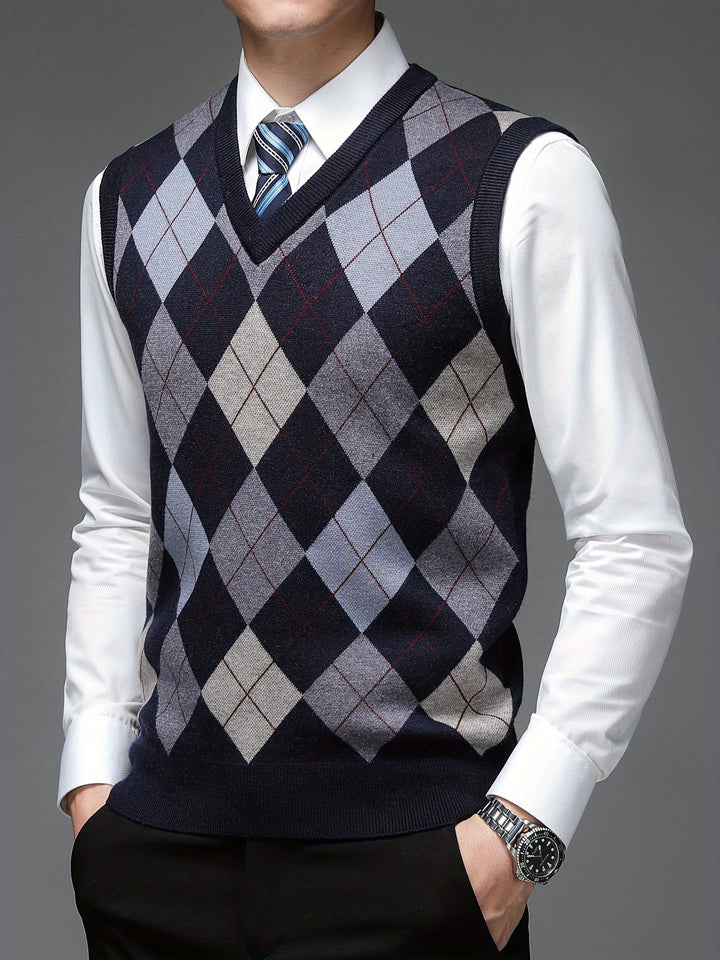 Heren pullover | Argyle gebreide trui zonder mouwen v-hals