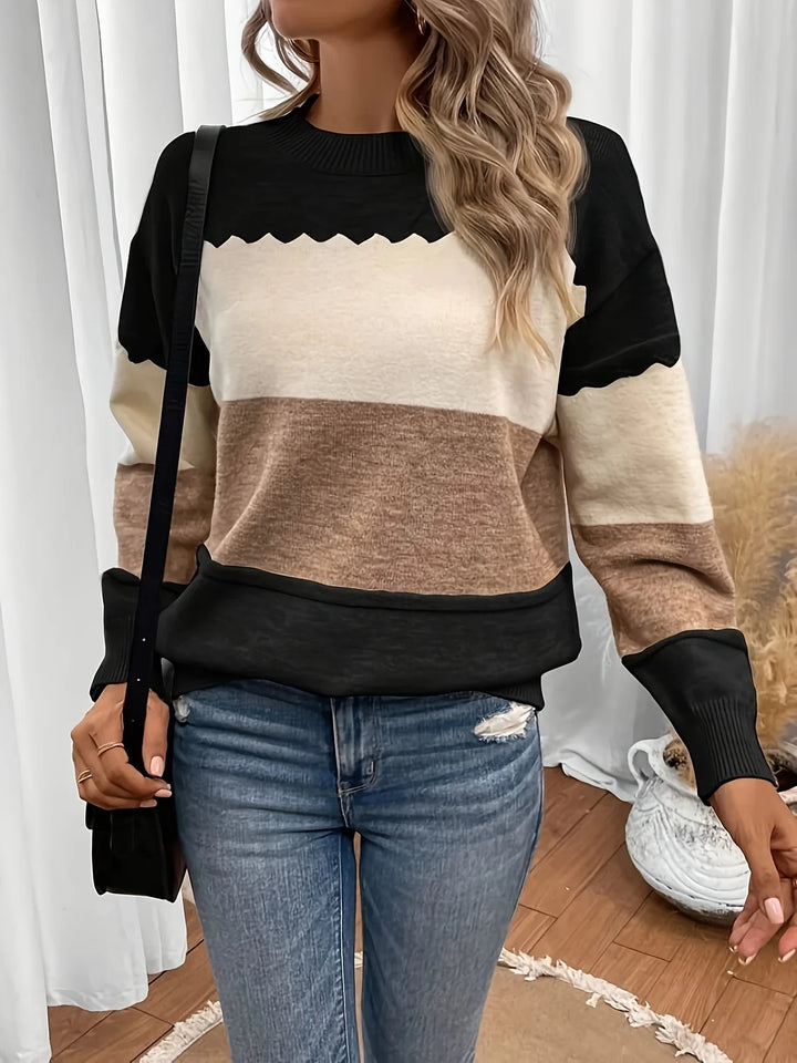 Dames trui | Beige colorblock sweater met ronde hals