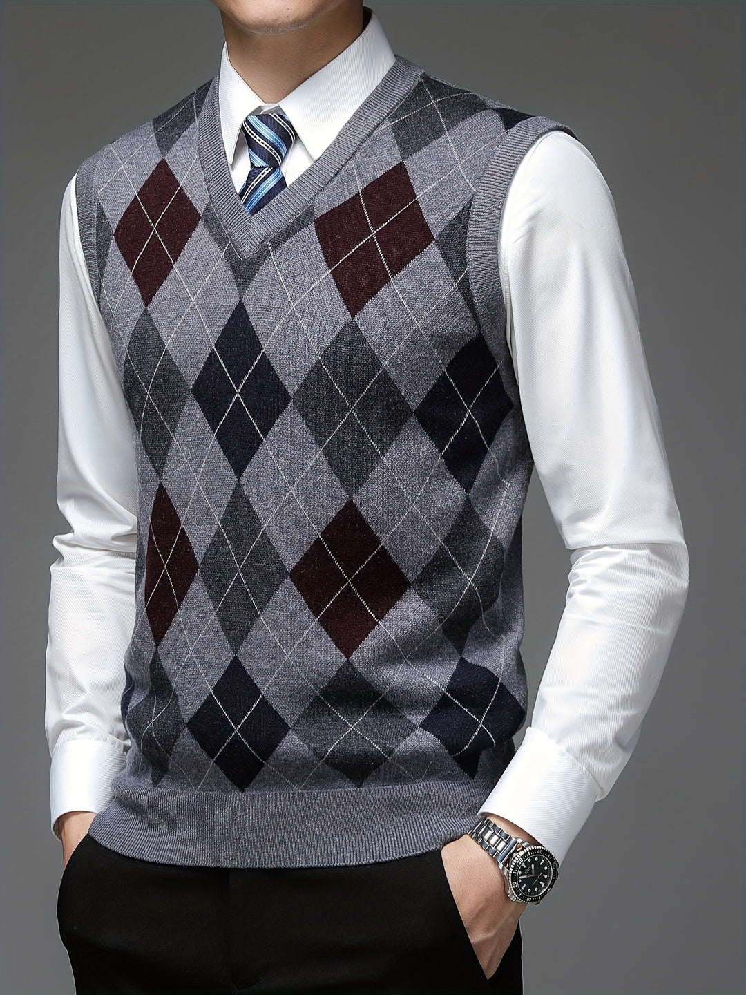 Heren pullover | Argyle gebreide trui zonder mouwen v-hals