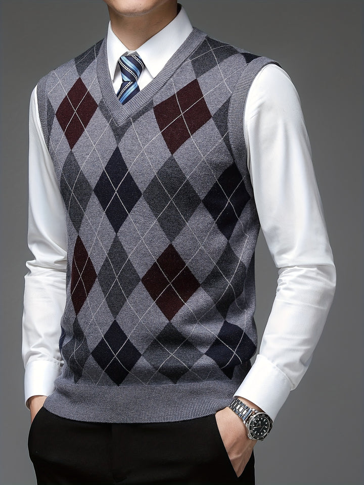 Heren pullover | Argyle gebreide trui zonder mouwen v-hals