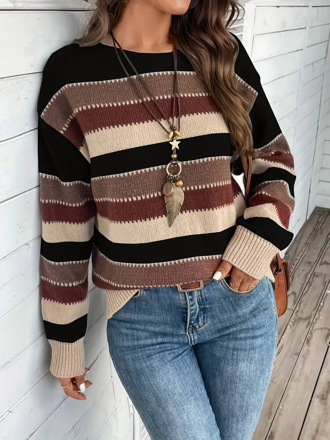 Dames trui | Gestreepte sweater met ronde hals in herfstkleuren