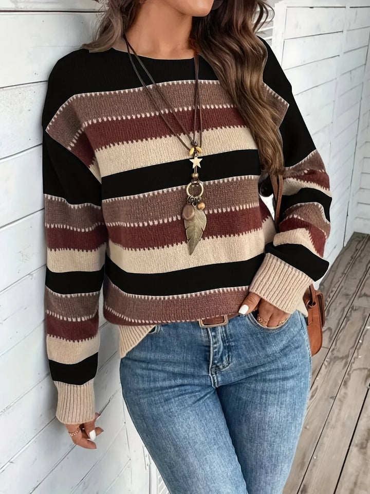 Dames trui | Gestreepte sweater met ronde hals in herfstkleuren