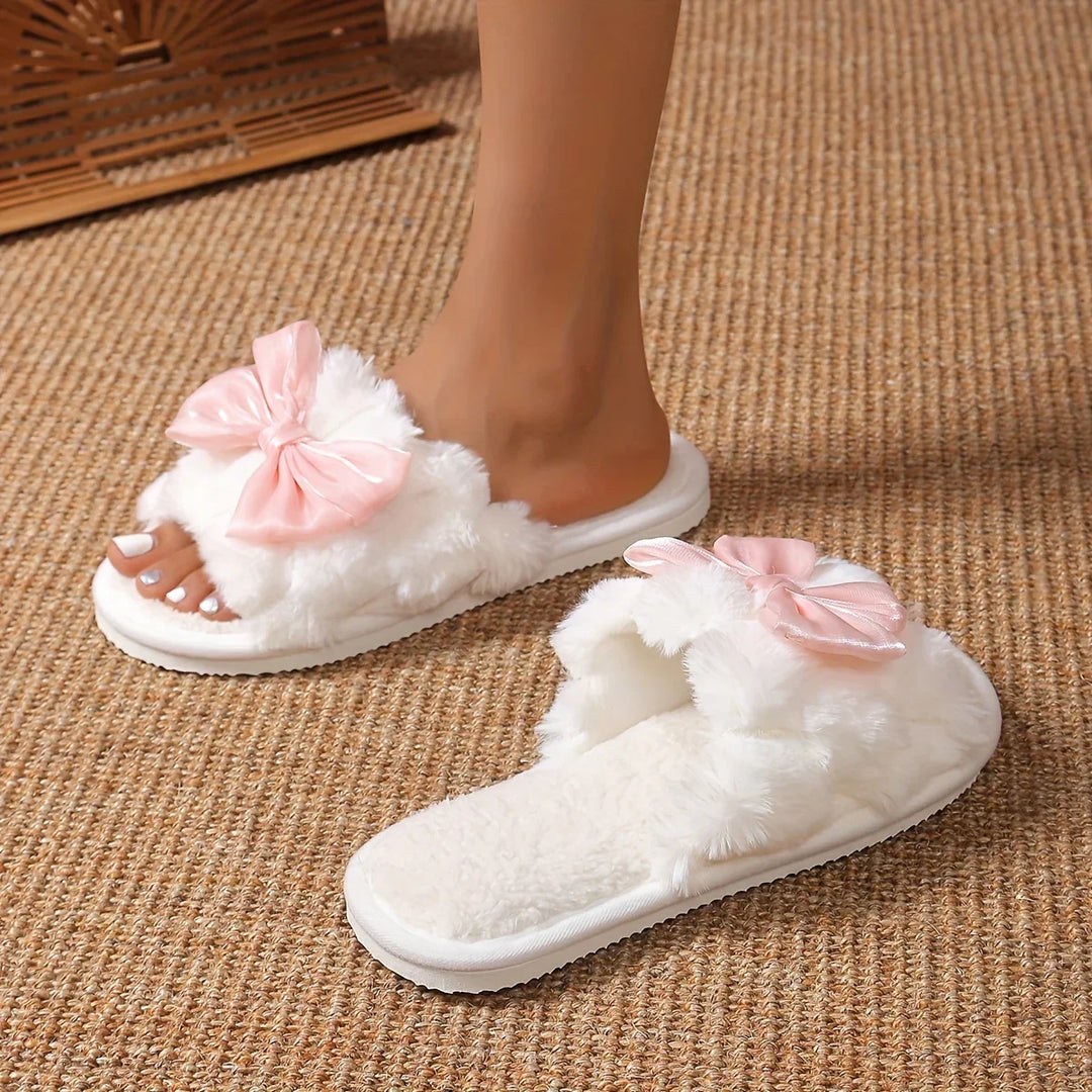 Dames pantoffels | Fluffy sloffen met strik en warme voering