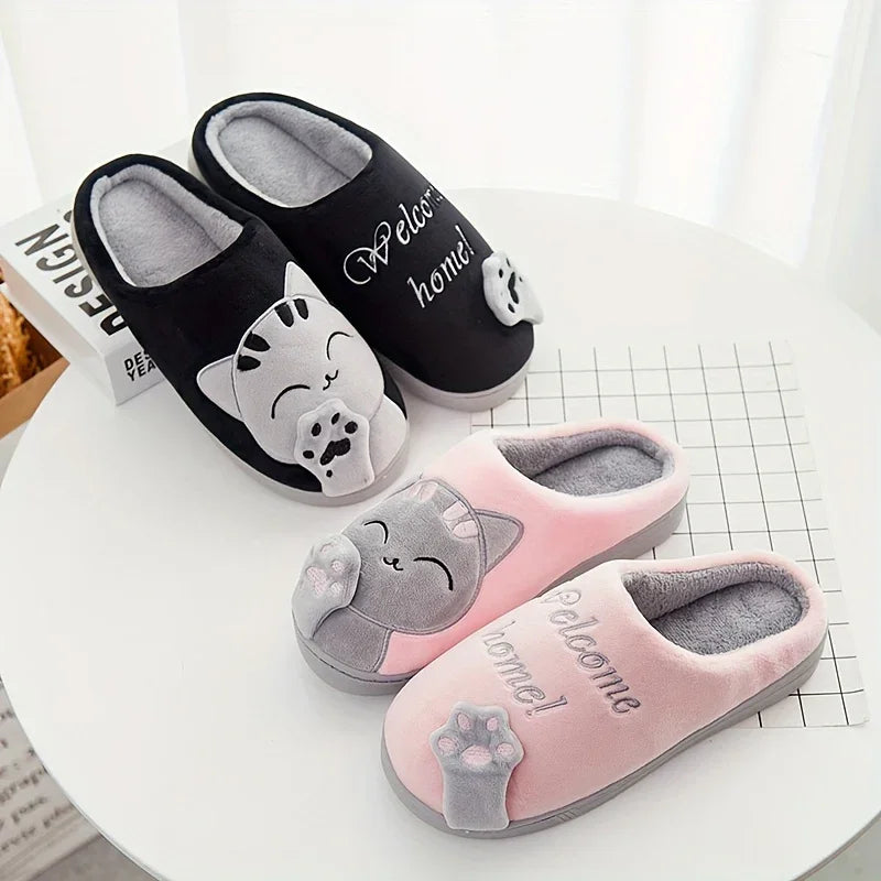 Warme pantoffels met kattenprint | Dames en heren sloffen met antislip zool